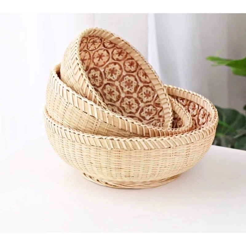 Khay mây rổ mây đan hoa thị đựng bánh kẹo, hoa quả, decor treo tường