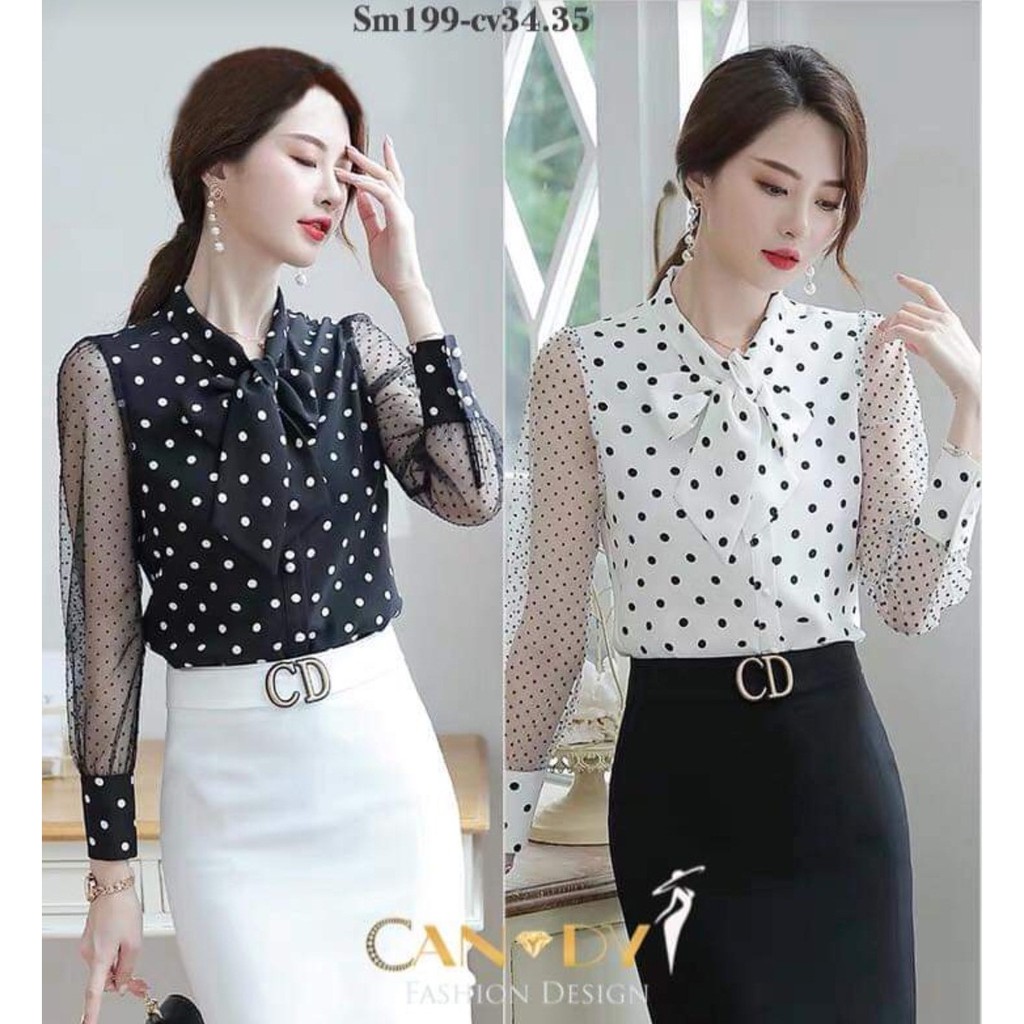 Áo sơ mi nữ kiểu công sở dài tay họa tiết chấm bi đen trắng tay voan cổ nơ SM199 Candy Fashion