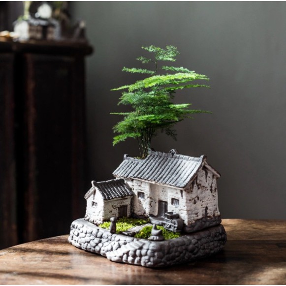 Nhà cổ trồng cây mẫu số 7 ( chưa bao gồm thực vật) trang trí tiểu cảnh để bàn bonsai mini-  Chất liệu gốm tử sa