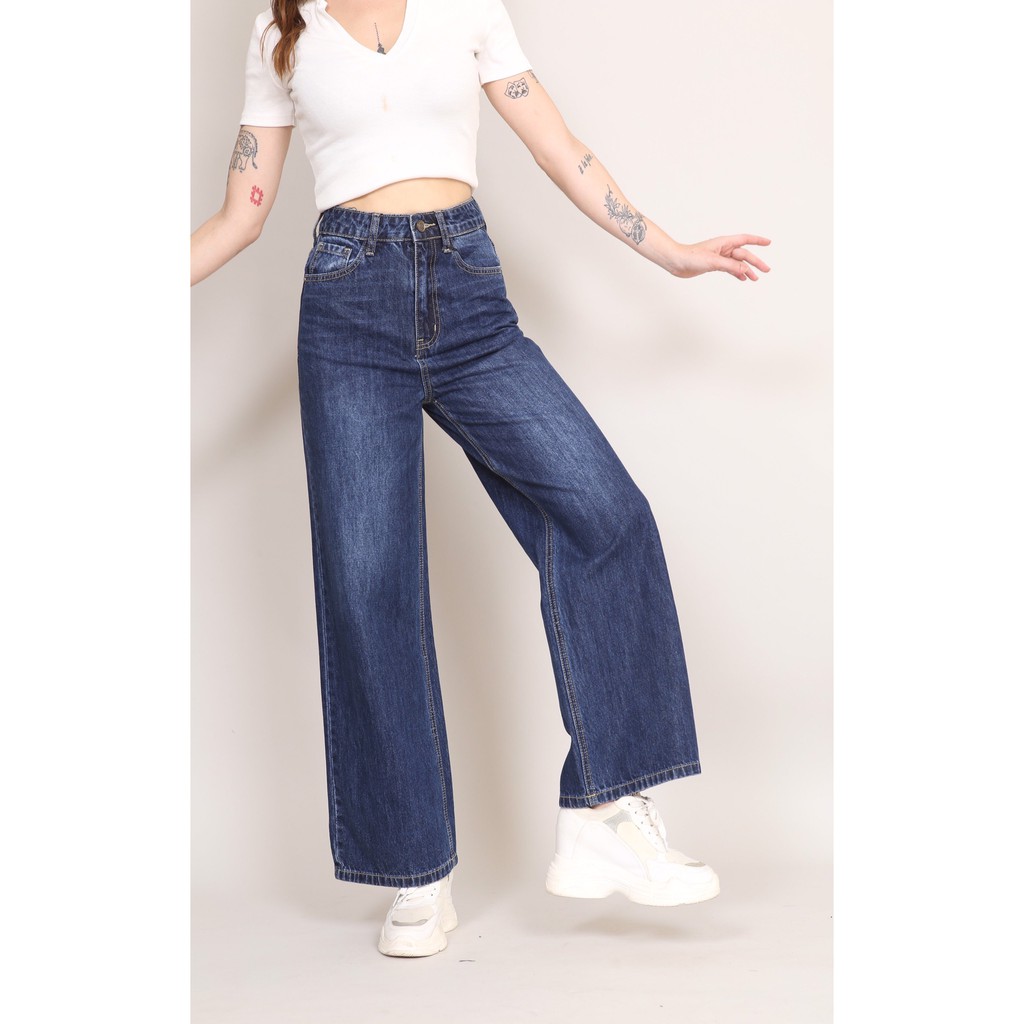 Quần Jean Nữ Ống Rộng Lưng Cao Cotton Trơn Gấu Thường  CT Jeans