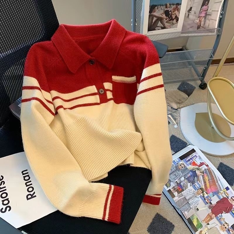 Áo sweater Tay Dài Kẻ Sọc Màu Sắc Tương Phản Phong Cách Hàn Quốc Thời Trang Mùa Thu Cho Nữ