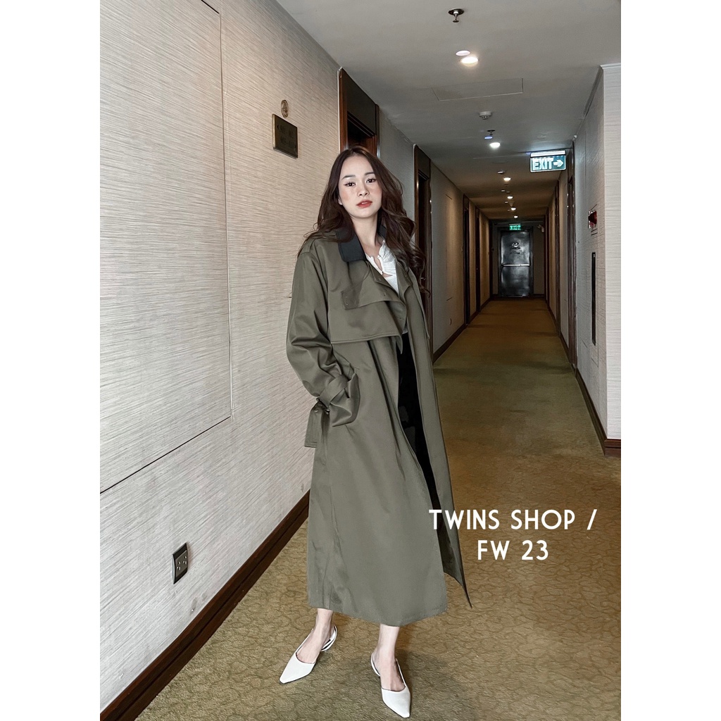 Áo khoác mangto dáng dài rêu cổ đen HSE 6023