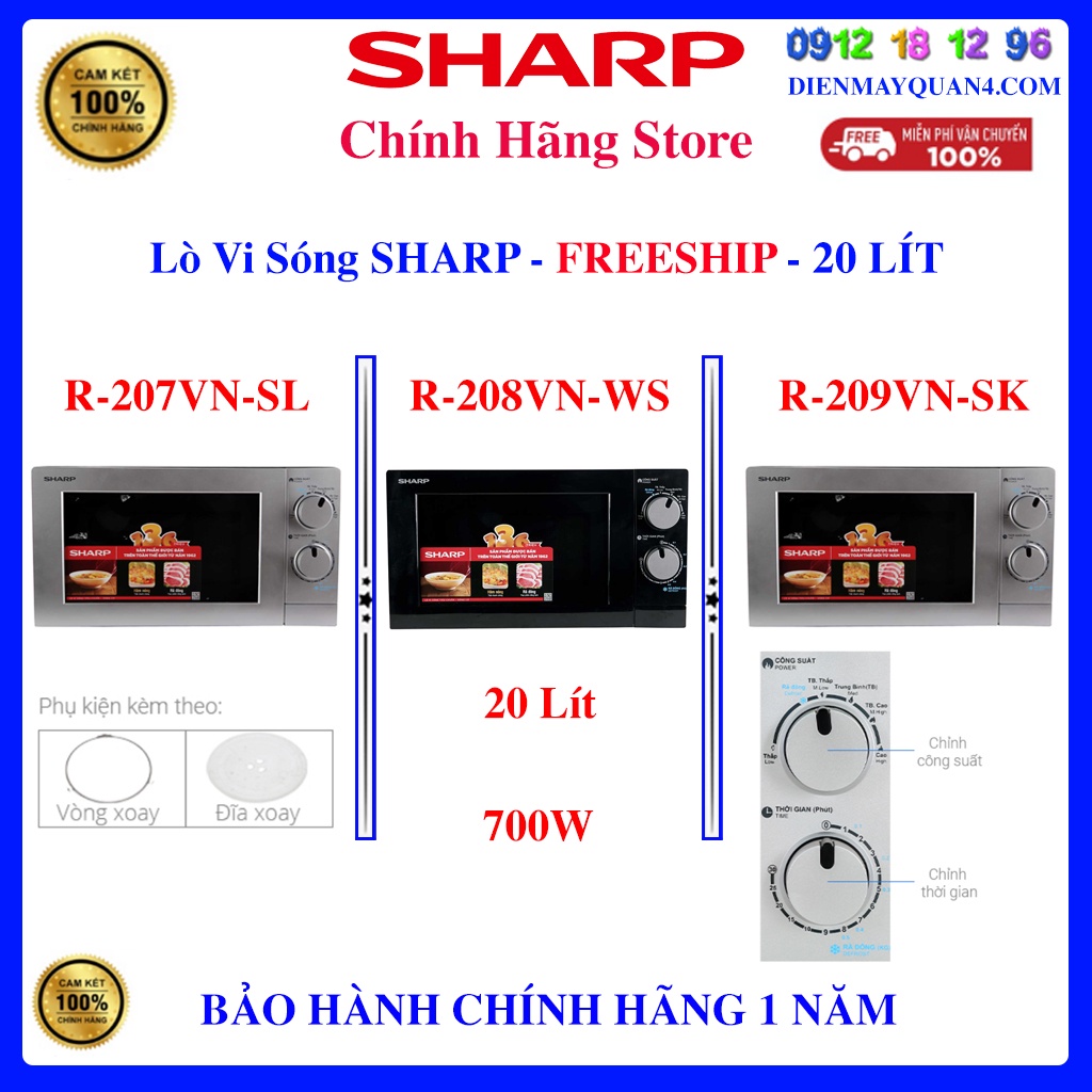 [Mã ELHAMS5 giảm 6% đơn 300K] Lò vi sóng Sharp R-209VN-SK 20 lít, Sharp R-207VN-SL, Sharp R-208VN-WS