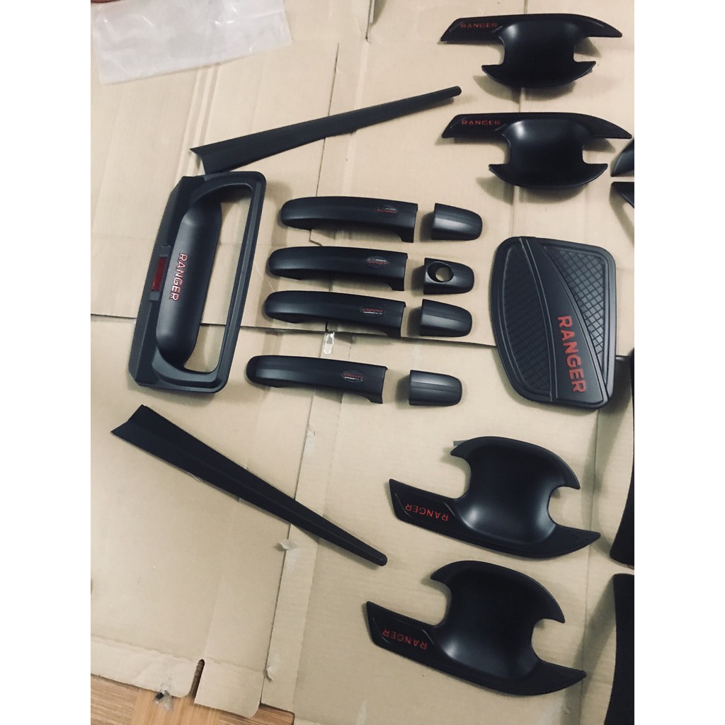 Bộ ốp tay cửa + hõm cửa + Hõm cốp + nắp xăng Nhựa đen cao cấp cho Ford Ranger form 2013-2021