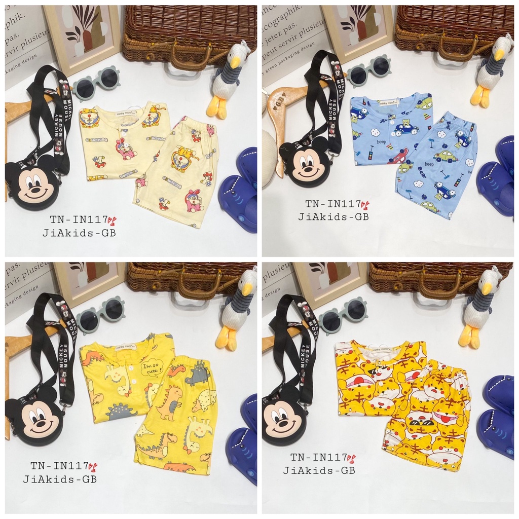 Bộ Cộc Tay THUN LẠNH MINKY MOM In Hình Toàn Thân Nút Giữa Cổ Trụ Cho Bé TN-IN117