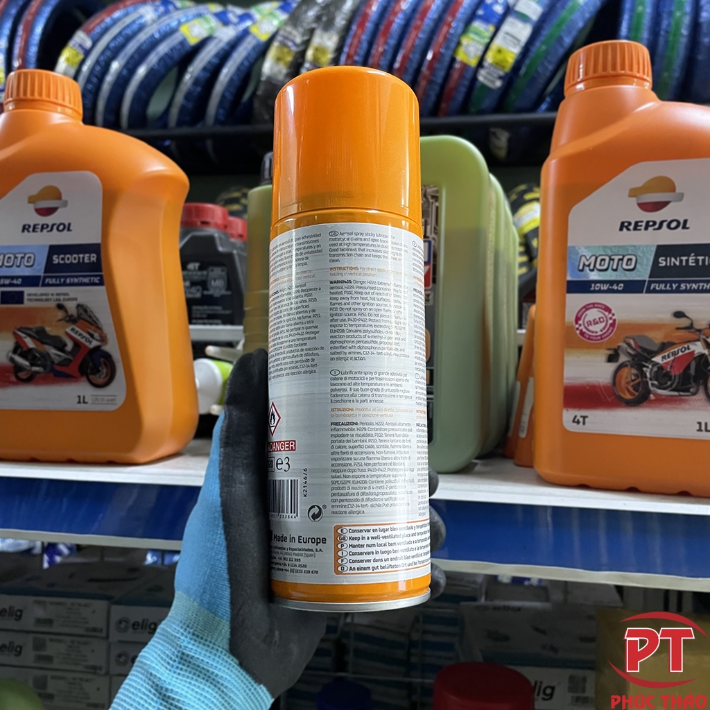 Chai dưỡng sên Repsol Moto Chain Lube 400ml. Bảo dưỡng sên xịt sên Repsol