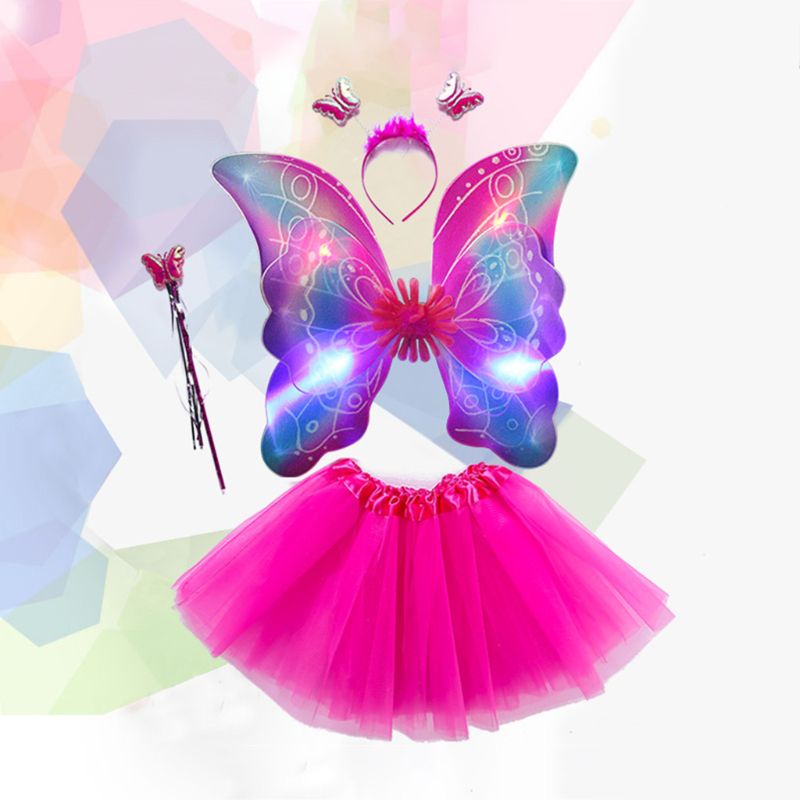 Set trang phục gắn đèn LED gồm váy tutu đôi cánh bướm đũa phép băng đô phong cách công chúa cho bé gái dùng biểu diễn