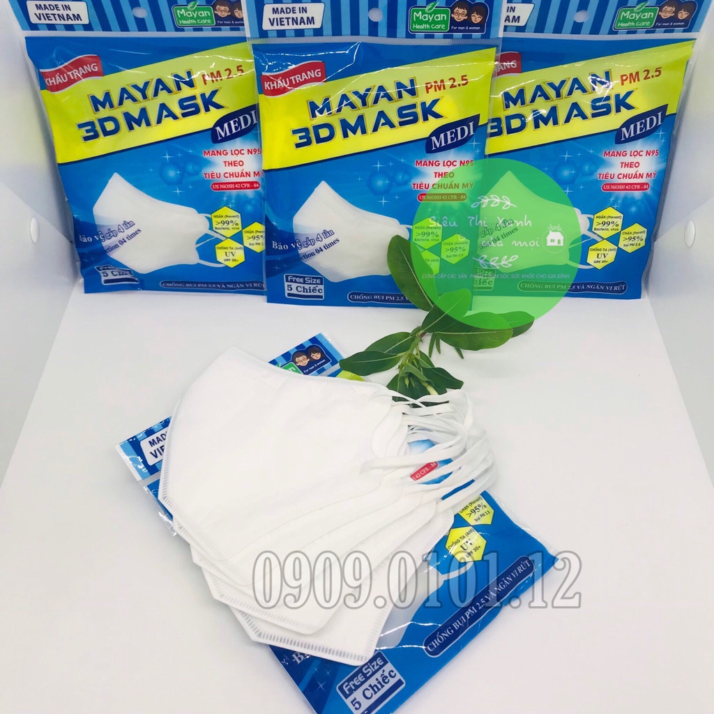 Khẩu trang 3d Mayan chính hãng (bịch 5 cái), 3d mask cao cấp 4 lớp kháng khuẩn chuẩn N95 PM 2.5