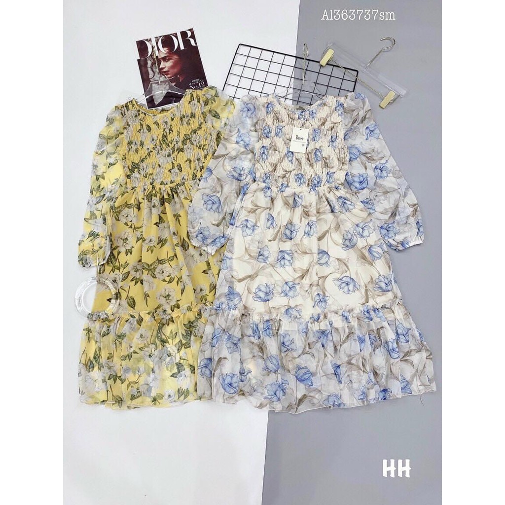 Đầm hoa nhún ngực tay dài | BigBuy360 - bigbuy360.vn