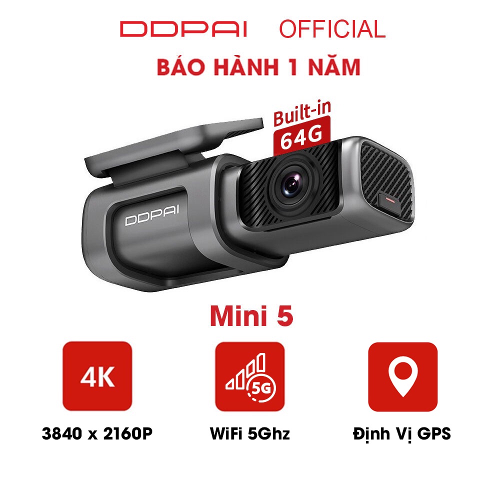 Camera hành trình ô tô DDPai Dash Cam Mini 5 Độ phân giải 4K 2160P Tích hợp GPS Bộ nhớ eMMC 64Gb Wifi 5G Đỗ xe 24h