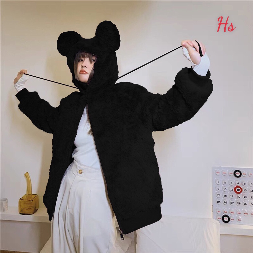 Áo khoác lông gấu tai xù đáng yêu, có 3 màu đen, trắng, hồng, có ảnh và video thật