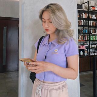 Áo croptop thun gân màu tím thêu hoa cúc [ Kho sỉ giá xưởng ]