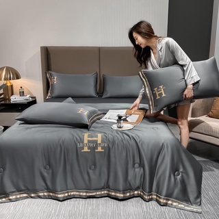 Bộ chăn ga gối lụa thêu chữ h luxury set chăn ga gối lụa 4 món chăn trần hè