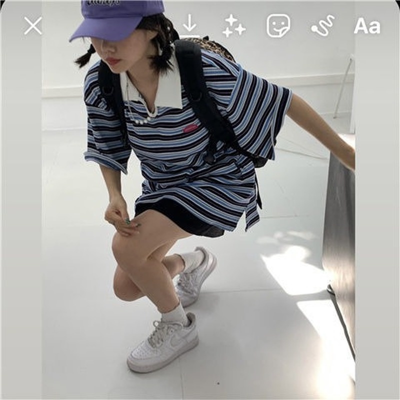 Áo Thun Tay Ngắn Họa Tiết Kẻ Sọc Phong Cách Hàn Quốc Mới