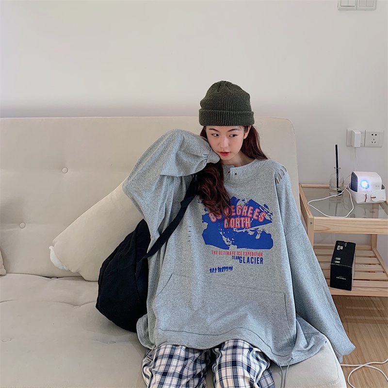 【ZHELIHANGFEI】Áo Thun Nỉ Tay Dài Dáng Rộng Rách Cá Tính Trẻ Trung Hợp Thời Trang