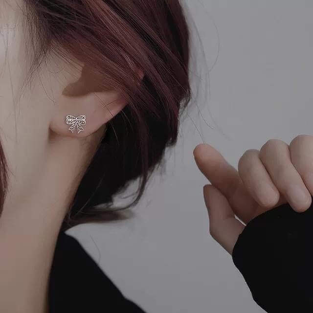 Bông tai nữ bạc bông tai nơ nhỏ xinh xắn LINH MIU SILVER