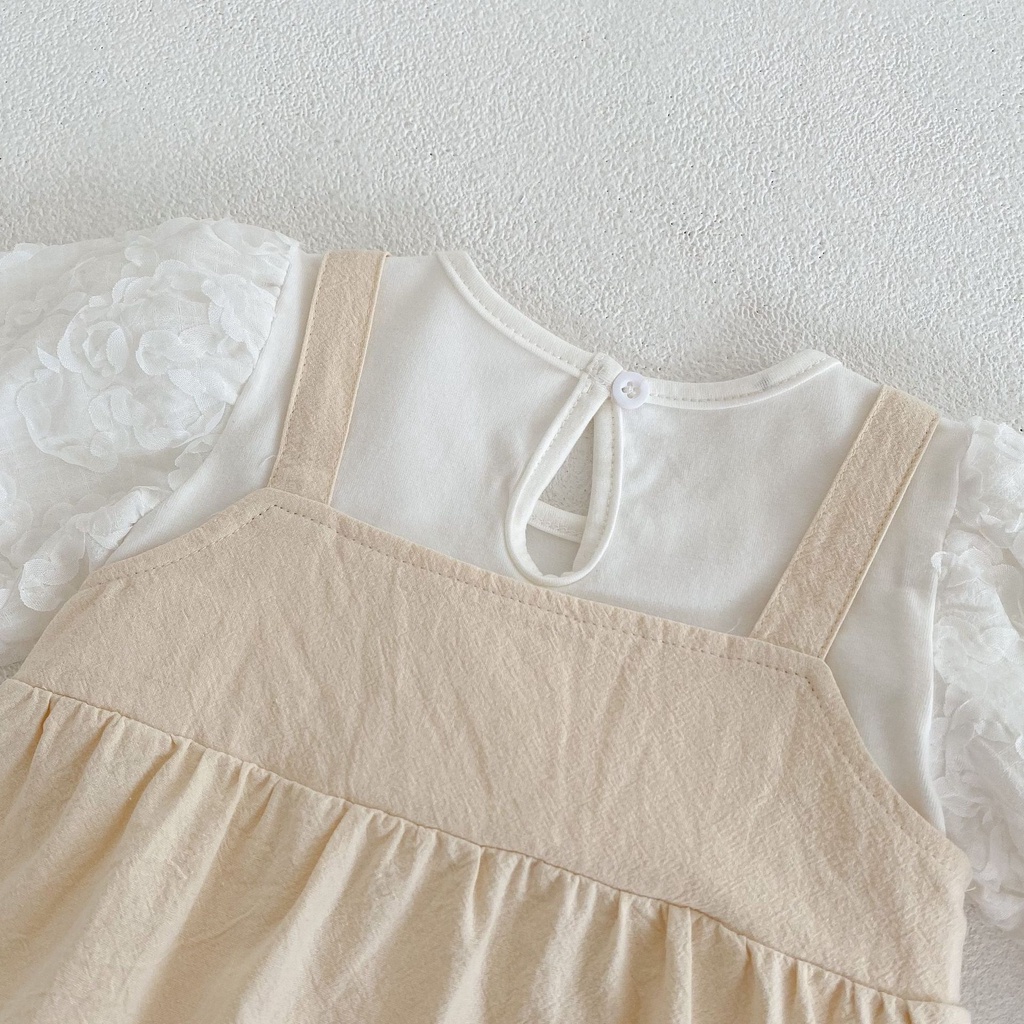 Đầm Một Mảnh Tay Phồng Đính Nơ Phong Cách Phương Tây Thời Trang Mùa Thu Dành Cho Bé Gái