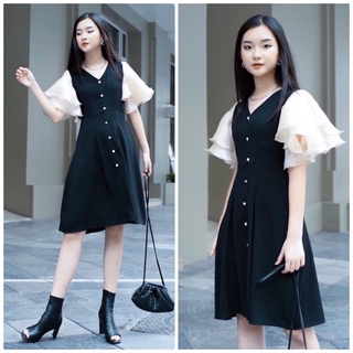 Đầm đen phối tay trắng bèo (kèm hình thật)
