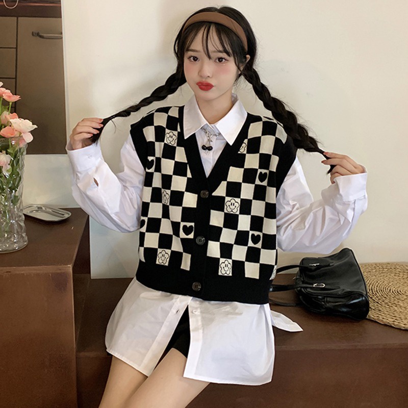 Áo croptop dệt kim sát nách cổ chữ V phong cách retro Hàn Quốc cho nữ | BigBuy360 - bigbuy360.vn