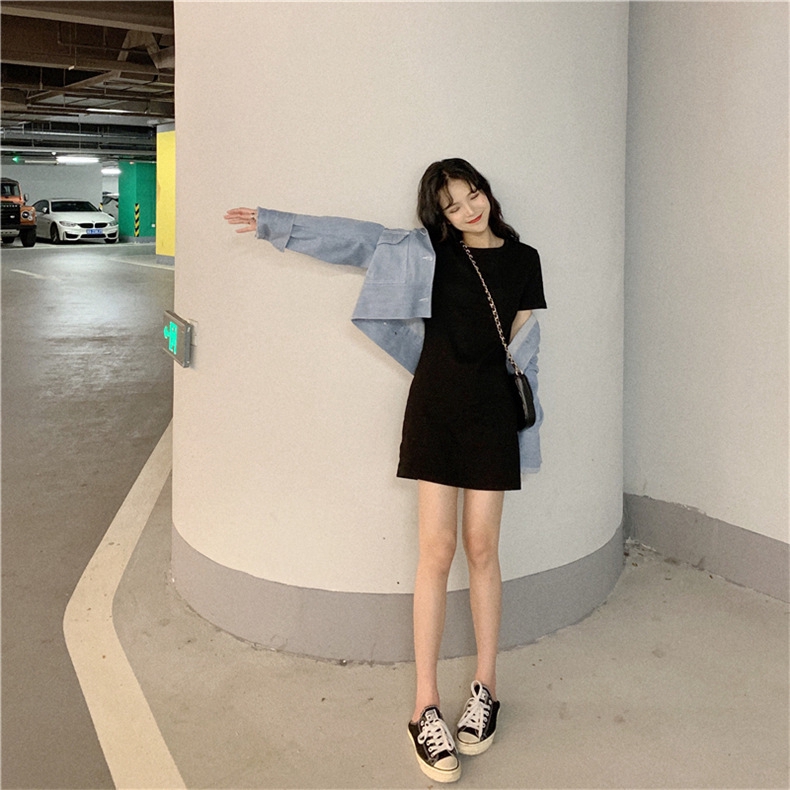 IELGY Đầm thun tay ngắn màu trơn phong cách hàn quốc thời trang xinh xắn cho nữ