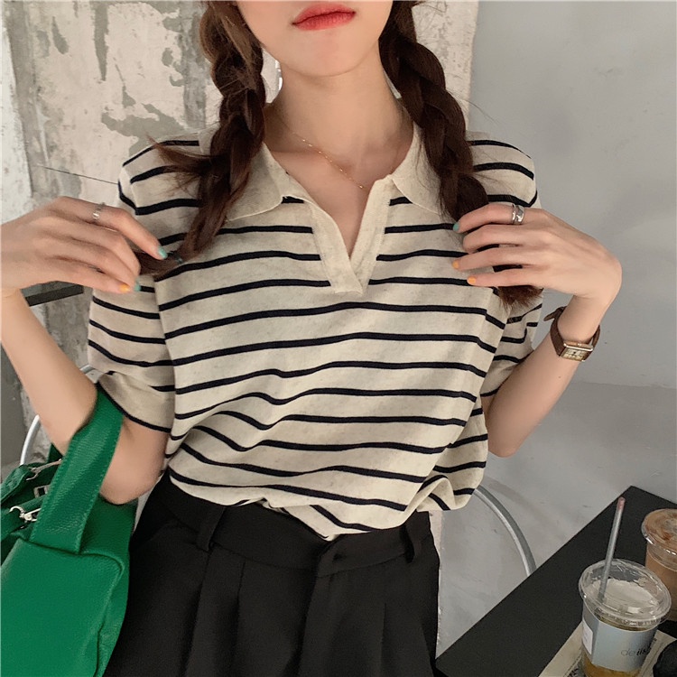 Porozi  Áo thun dệt kim  ngắn tay cổ chữ V họa tiết kẻ sọc thời trang mùa hè phong cách retro Hàn Quốc cho nữ