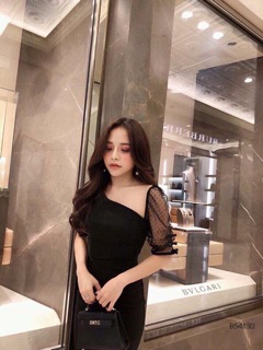 Đầm body lệch vai phối lưới