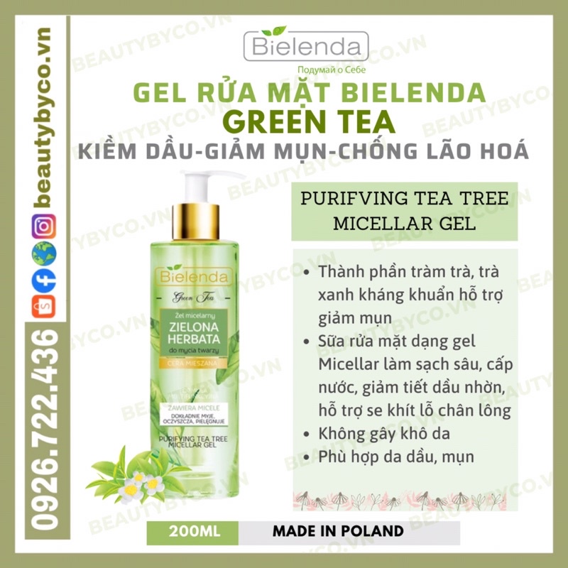 Gel rửa mặt & Toner Bielenda Green Tea làm sạch sâu, kiềm dầu, giảm mụn