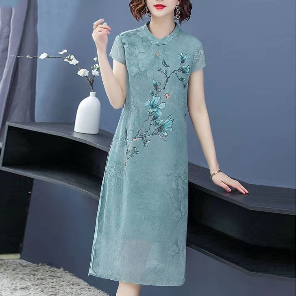 Đầm Sườn Xám Dài Dáng Rộng Mềm Mại Thời Trang Mùa Hè Cho Nữ Trung Niên