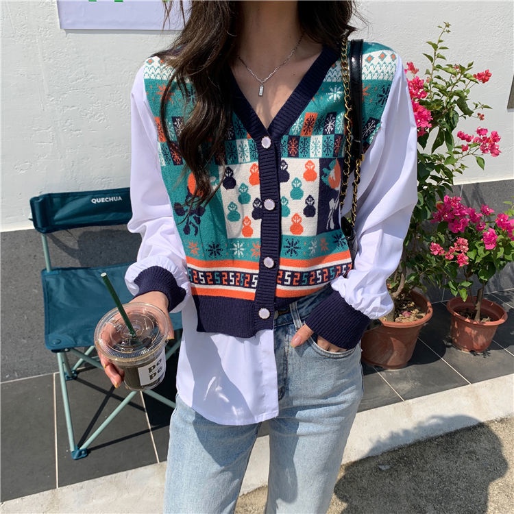 Áo dệt kim nữ tay dài giả hai lớp hàng mới