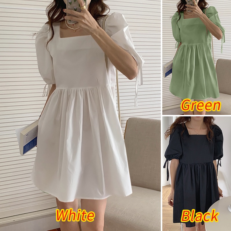 Đầm midi ZANZEA cổ vuông tay phồng màu trơn phối dây rút thời trang Hàn Quốc cho nữ