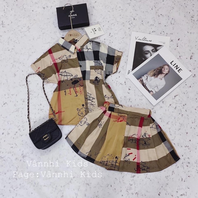 Xả Set váy áo ngắn kẻ sang chảnh cho bé gái