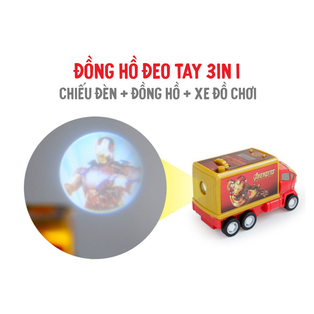 Đồng hồ đeo tay bé trai xe ô tô đồ chơi siêu nhân 3in1 chiếu hình kiêm đồng hồ và xe đồ chơi