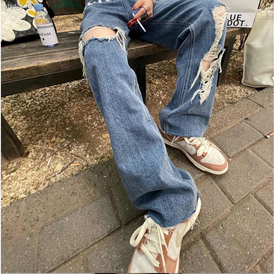 Quần jeans eo cao ống rộng phối rách thời trang đường phố năng động cá tính cho nữ