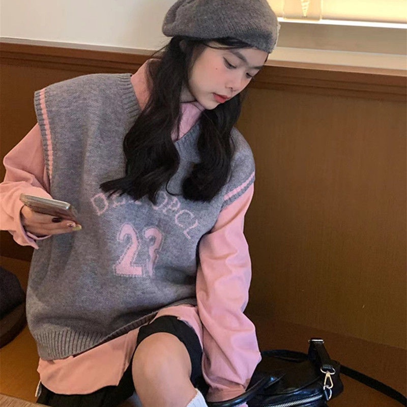 Set áo sơ mi tay dài cổ chữ v số 23 + áo len không tay dáng rộng cho nữ có bán lẻ