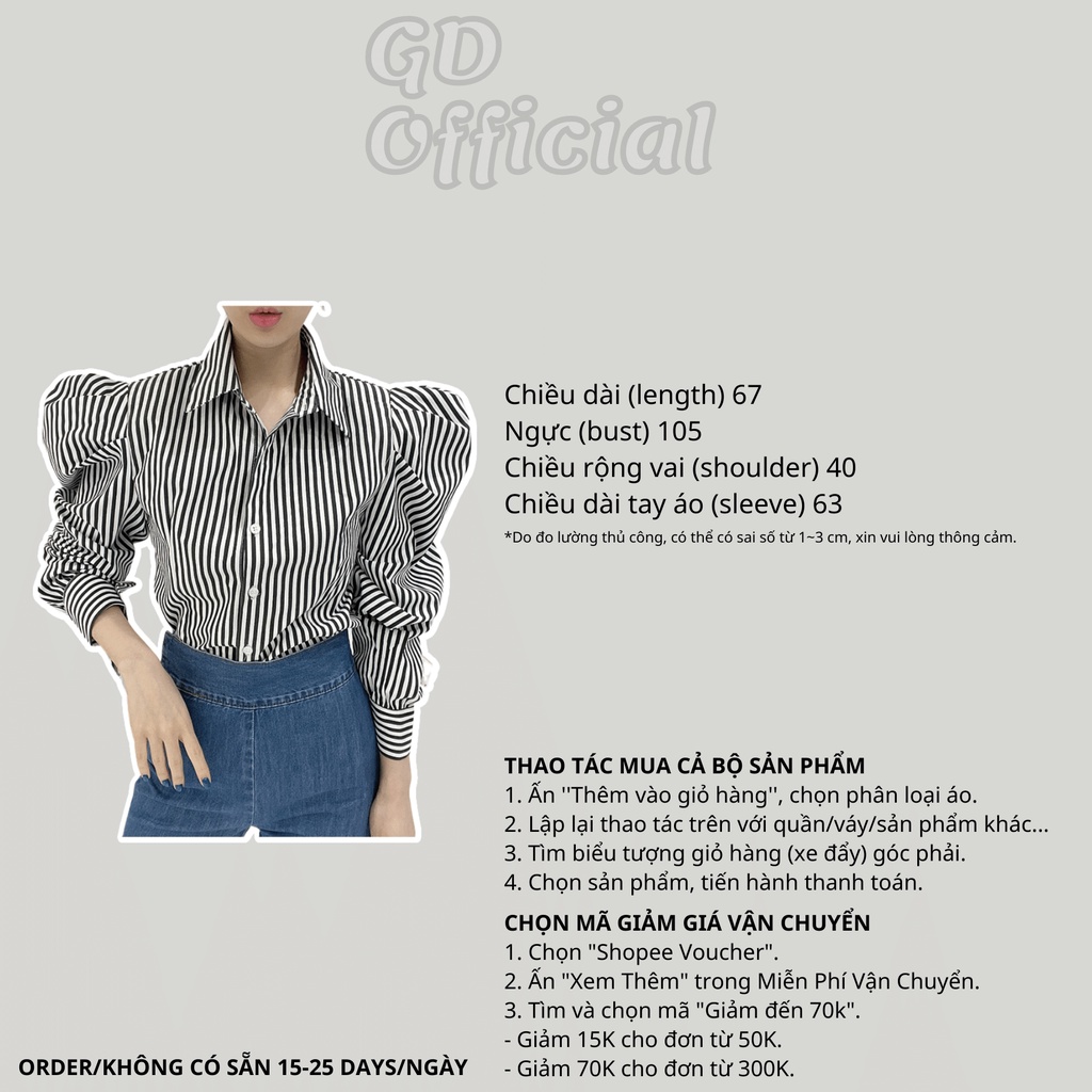 A31|Áo sơ mi polo cổ bẻ màu sọc cá tính tay phồng chất cotton thoáng dài cho nữ công sở màu trắng, đen GD Official