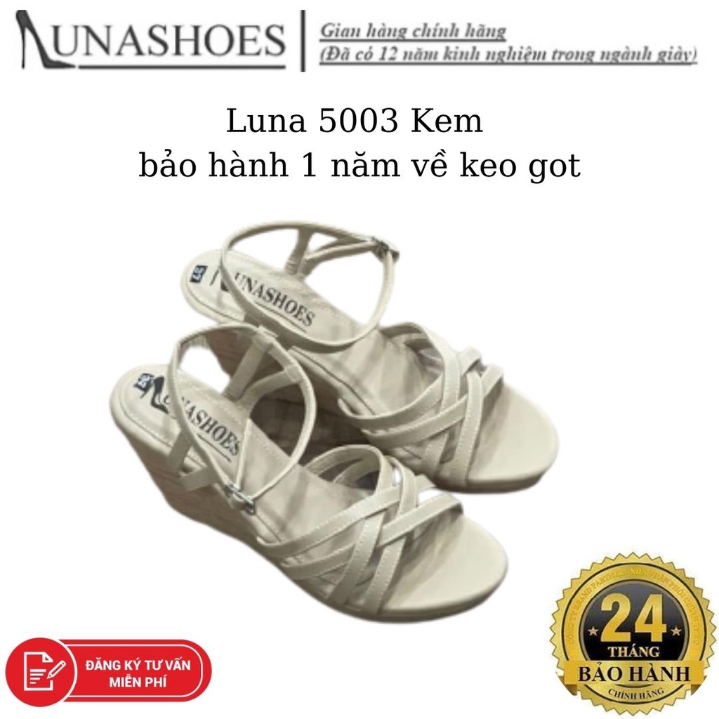 Giày sandal cao gót đế xuồng nữ 7 phân Lunashoes (5003) da si mũi tròn có quai ngang màu đen, kem bảo hành 1 năm