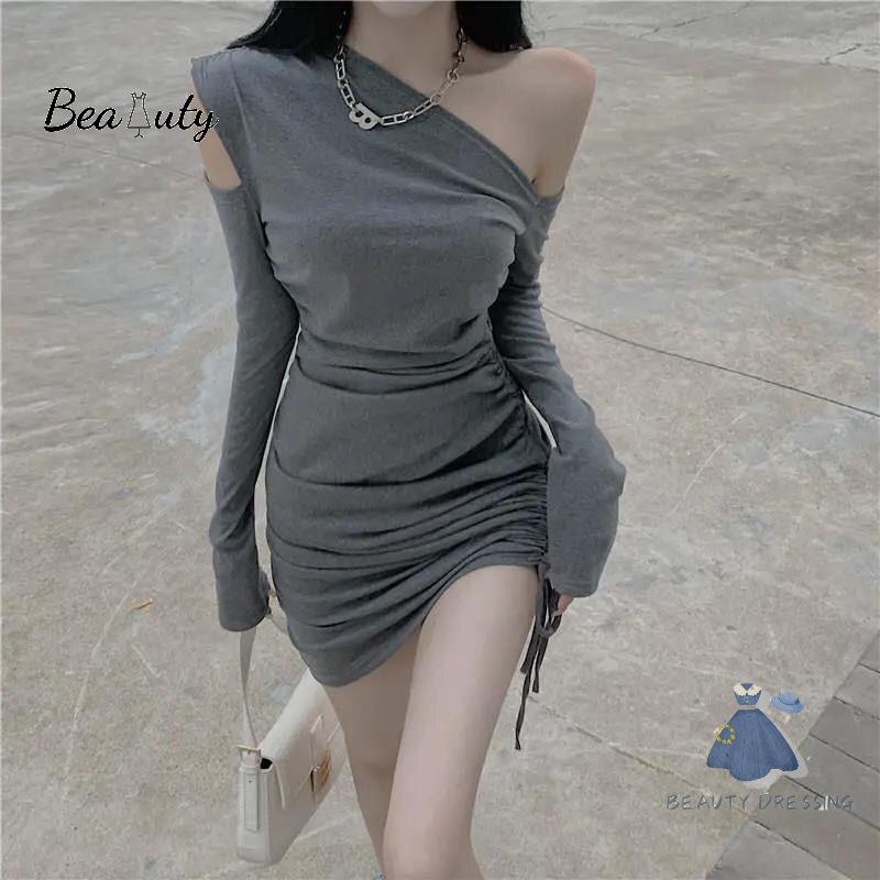 [MURIOKI] Đầm Đen Tay Dài Hở Vai Nhấn Eo Thanh Lịch Quyến Rũ Thời Trang Hàn Quốc Cho Nữ