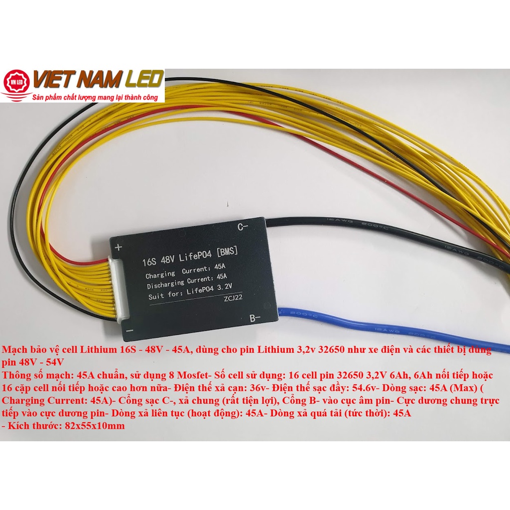 Mạch bảo vệ cell Lithium 16S - 48V - 45A, dùng cho pin Lithium 3,2v 32650 như xe điện và các thiết bị dùng pin 48V - 54V