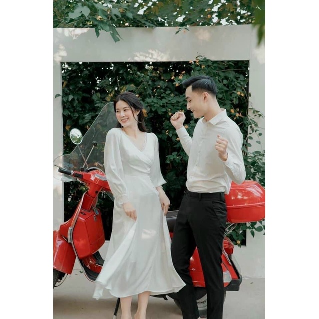 ĐẦM VÁY TRẮNG DỰ TIỆC CỔ V 2 LỚP VÁY LỤA TRẮNG DÀI TAY SANG TRỌNG