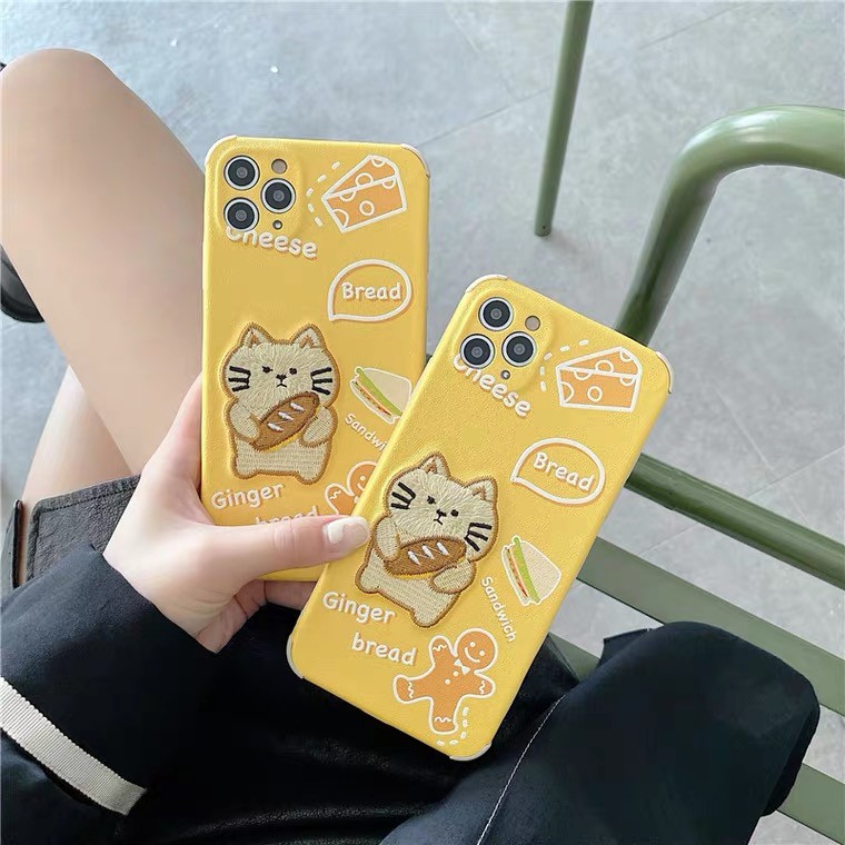 Ốp mèo Cheese vàng lưng da Hàn Quốc dành cho iPhone 11 12 Pro Max 7 8 Plus X XsMax XR Cú Mèo Case
