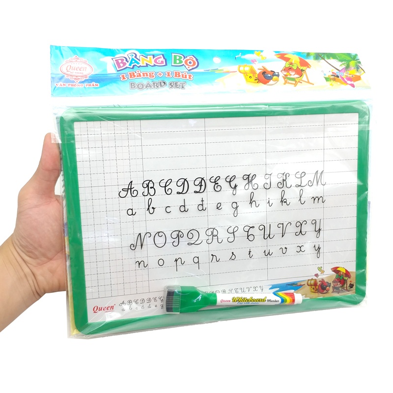 Bảng Bộ 2 Mặt A4 - Kẻ Ngang + Kẻ Ô + Bút Lông Bảng - Queen BS-02 - VIền Xanh Lá