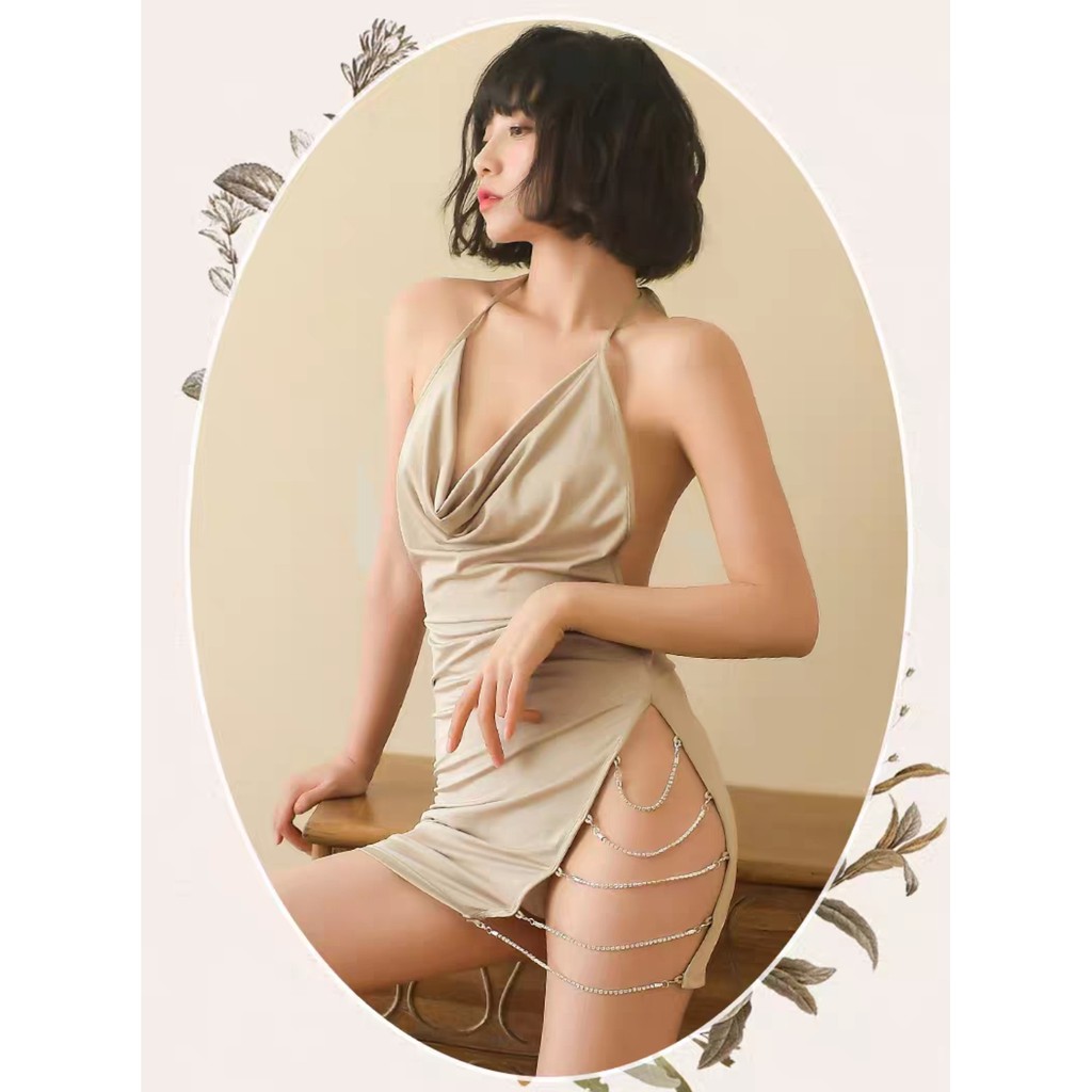 Đồ cosplay nữ xẻ hông đính hạt kim sa lấp lánh sexy quyến rũ - Váy ngủ dây xích xẻ hông sang trọng