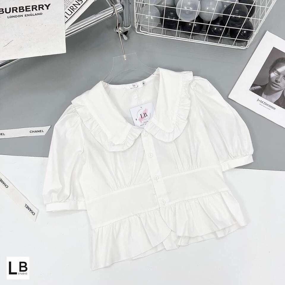 Áo kiểu nữ tiểu thư A.293, Áo sơ mi croptop cổ V bèo nhún tay bồng dáng ngắn eo bo tà bèo sang chảnh