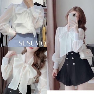 Áo sơ mi nữ kèm nơ 2 lớp sang chảnh nhiều màu susumo - a534
