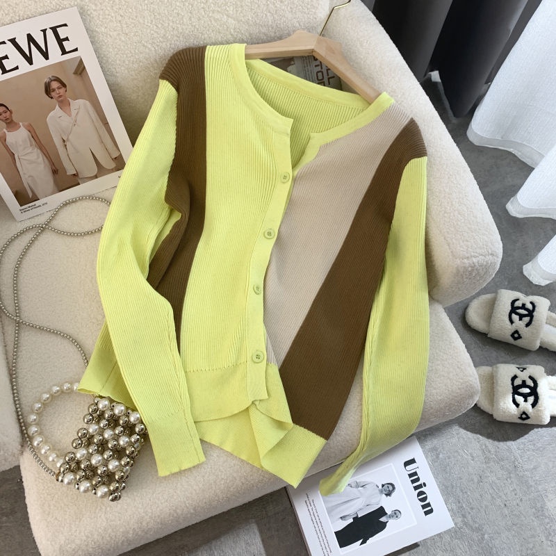 Áo Khoác Cardigan Len Dệt Kim Dáng Ngắn Màu Tương Phản Phong Cách Phương Tây Thời Trang Mùa Thu