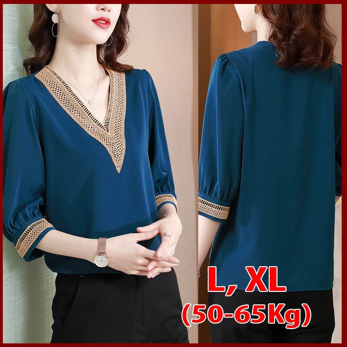 THỜI TRANG CÔNG SỞ - ÁO SƠ MI NỮ DÁNG RỘNG KIỂU ÁO LỤA NỮ CỔ V PHỐI REN 3A10 3A04 3A03