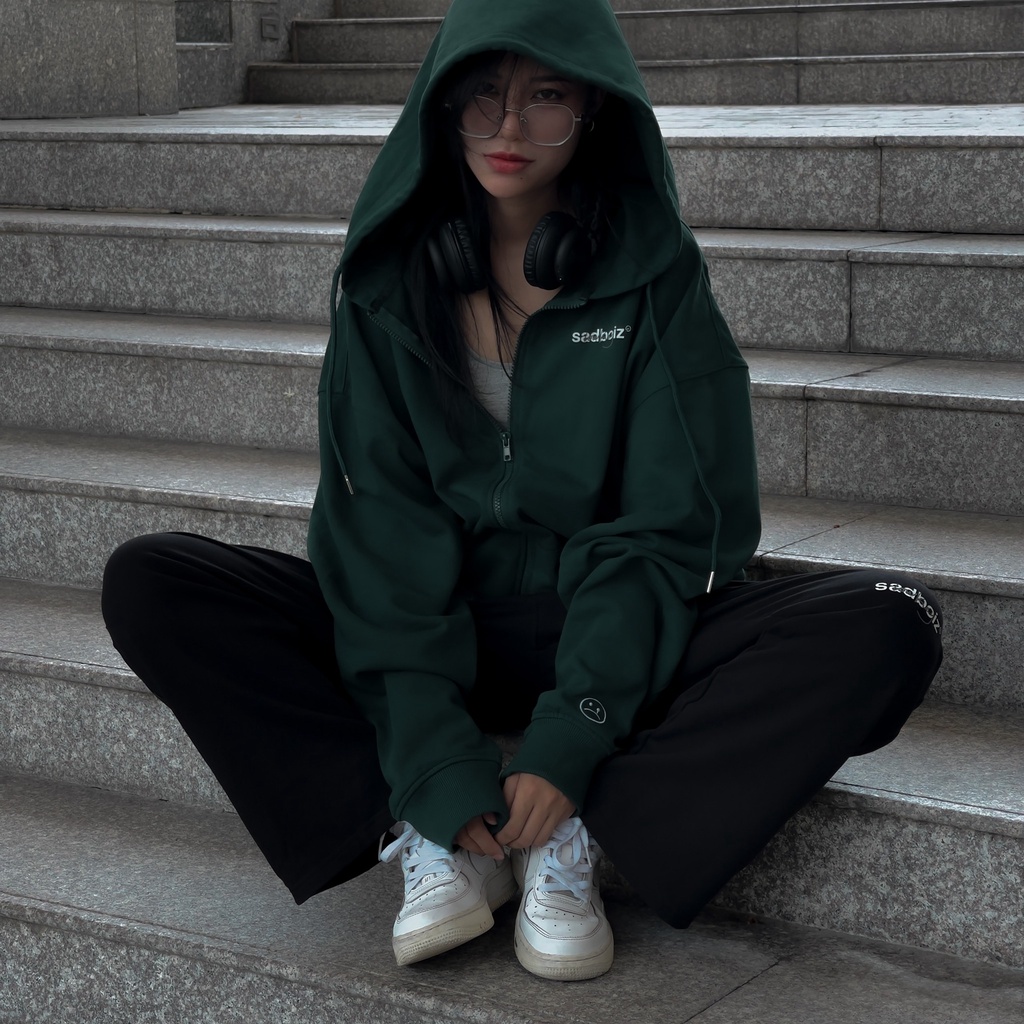 Áo hoodie zipper SADBOIZ Lowkey Mallard green