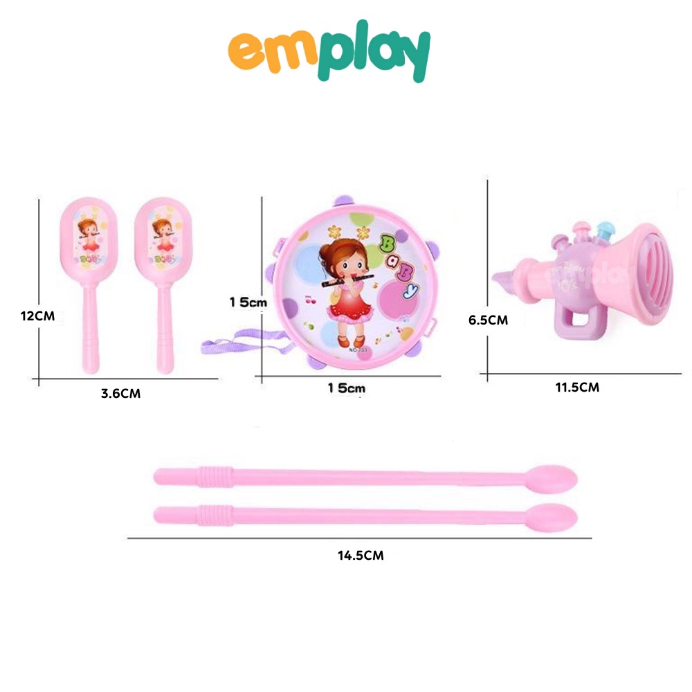 (Summer Sale 50%) Bộ đồ chơi trống kèn Emplay có mẫu kèm xúc xắc, kèn, âm vang tốt, chất liệu nhựa bền đẹp an toàn