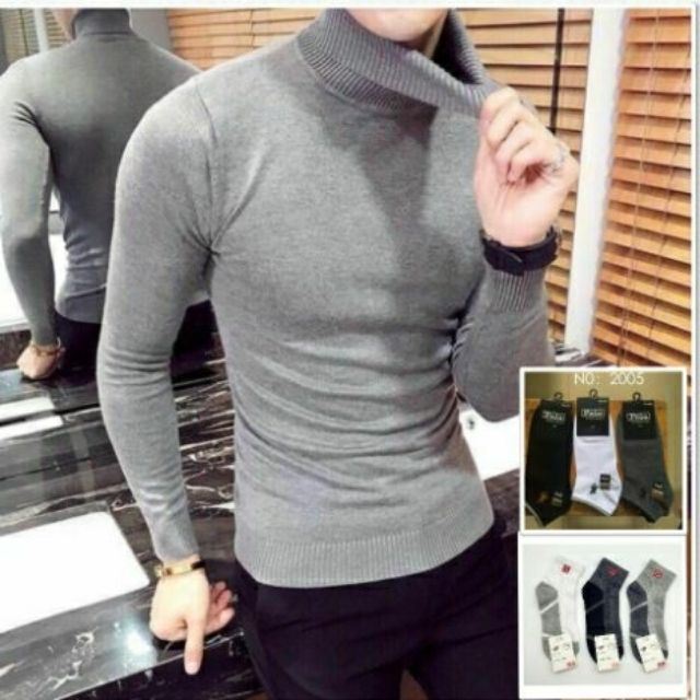 Combo áo len trơn cổ lọ + 5 đôi tất