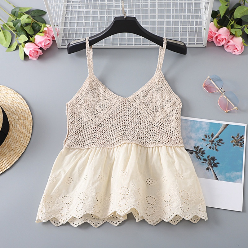 Áo Croptop Dệt Kim Sát Nách Cổ Tròn Phối Ren Rỗng Thời Trang Cho Nữ